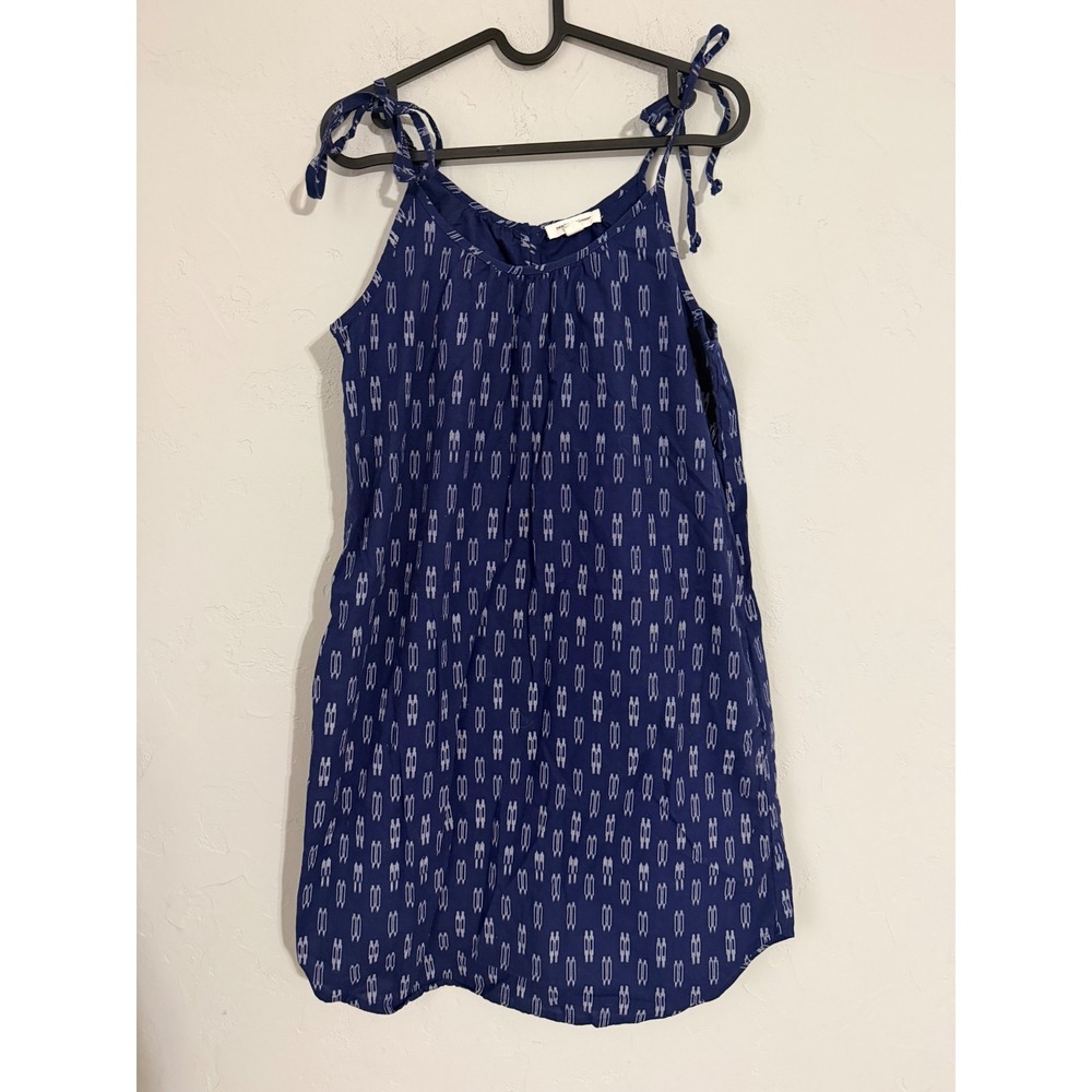 Beachlunchlounge Navy Blue‎ Ikat Print Cotton Tie Strap Shift Dress with Pockets